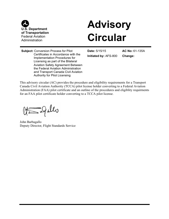 Pilot checkride resources: FAA AC 61-135A cover for Canadian IPL conversion