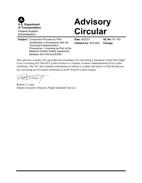 Pilot checkride resources: cover of FAA AC 61-143 on EASA pilot licence conversion