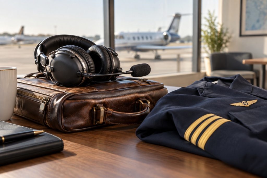 Aviation headset and flight bag beside a pilot jacket in a briefing room.