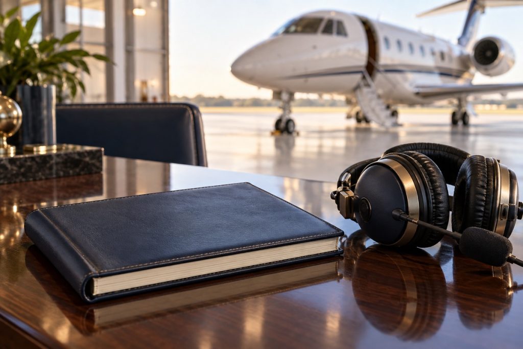 Pilot logbook and headset with a business jet blurred in the background.