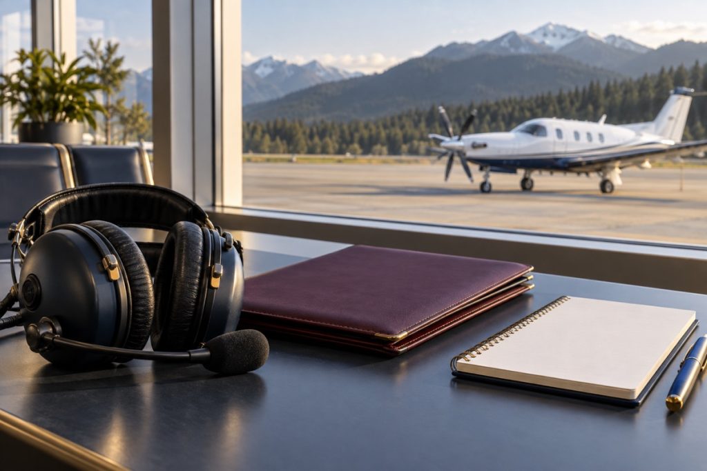 Headset and document folder overlooking an airport near wooded hills.