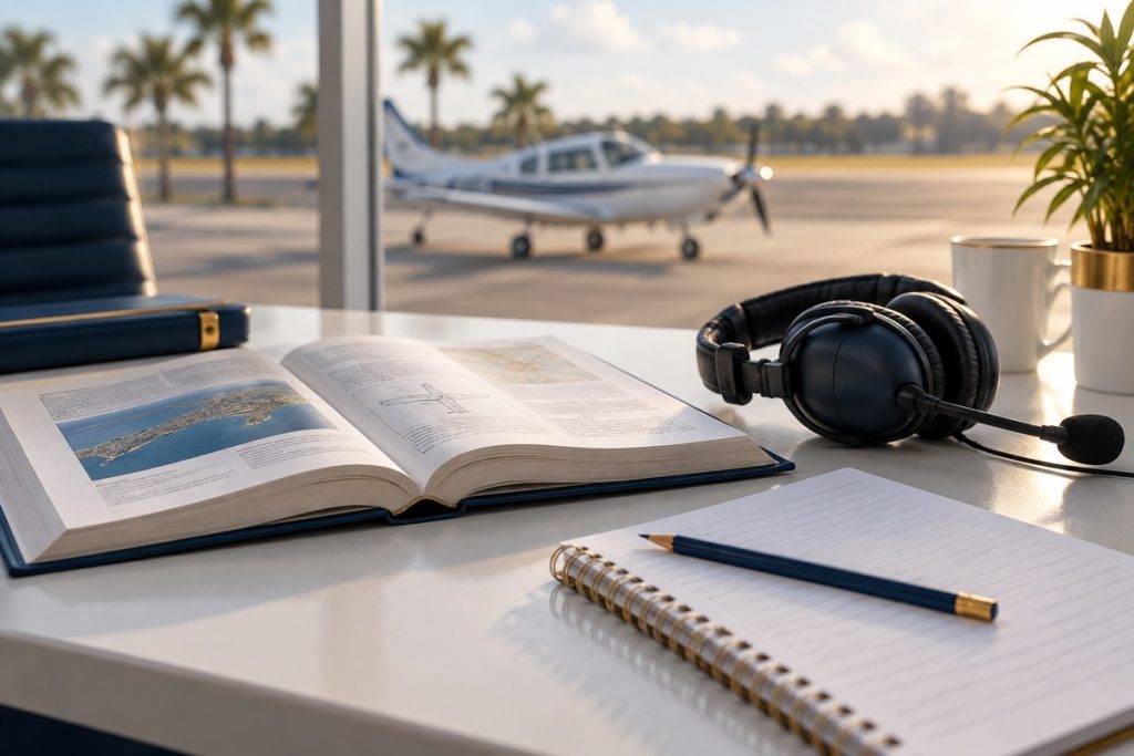 Open study book, notebook and aviation headset on a briefing desk.