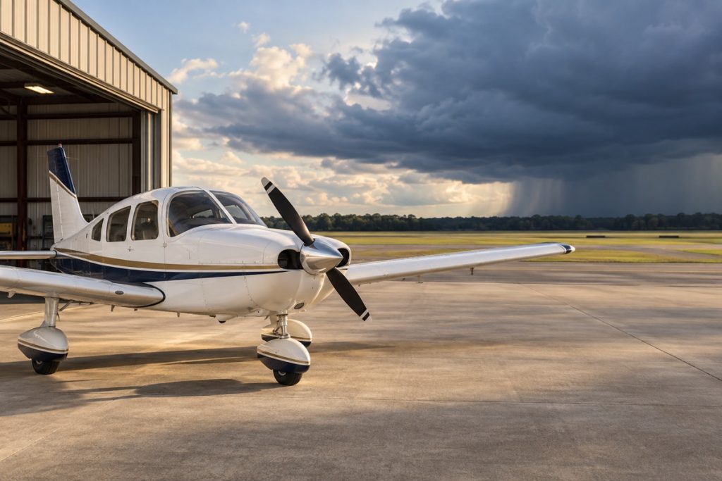 Propeller airplane at an inland airport with distant storm clouds.