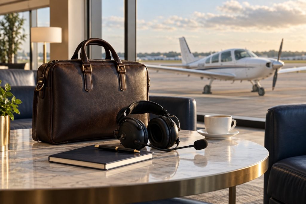 Briefcase and aviation headset overlooking an airport apron.