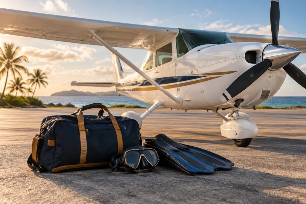 Travel bag and diving equipment beside a parked propeller airplane.