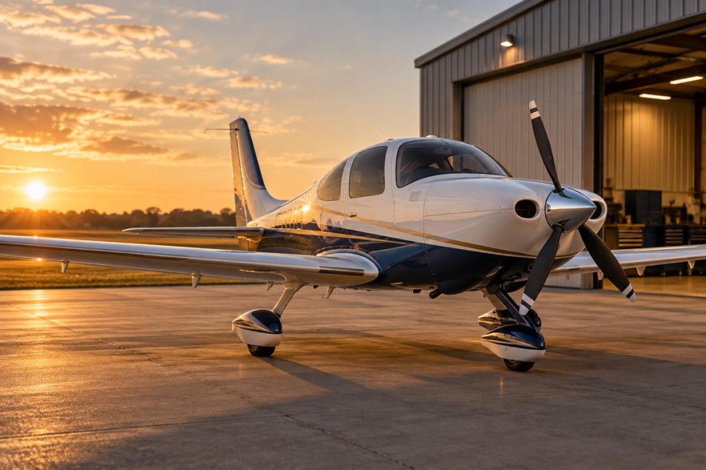 Low-wing propeller airplane outside a hangar in golden light.