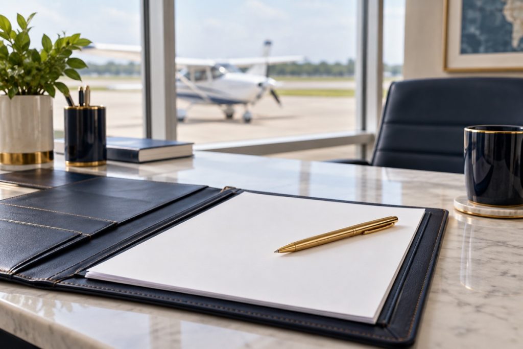 Pen and booking paperwork in a navy folder on an airport office desk.