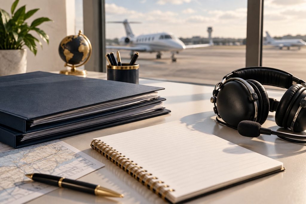 Document folders, notebook and aviation headset on an airport desk.