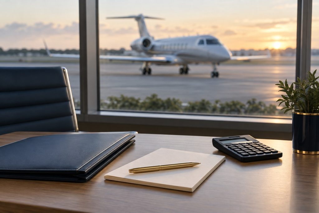Calculator, document folder and notepad on an airport briefing desk.