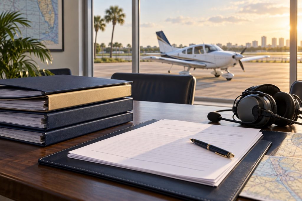 Application papers, folders and headset on an airport briefing table.
