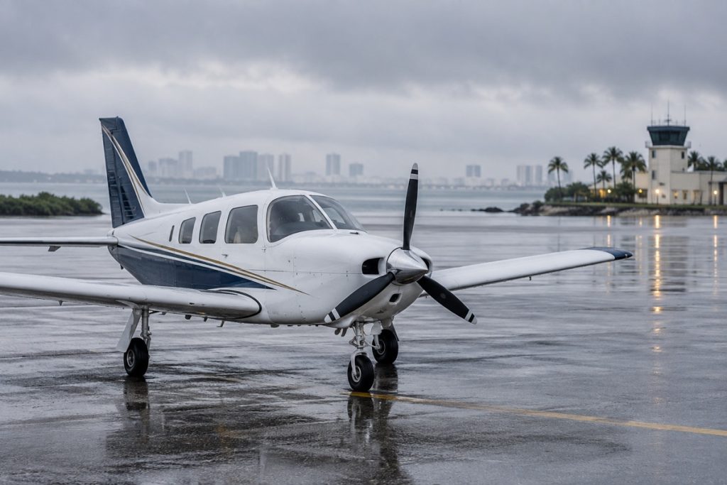 Parked propeller airplane beneath low coastal clouds.