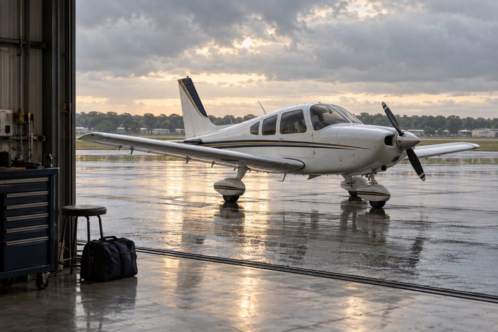 Training airplane viewed from a hangar on a rainy day.