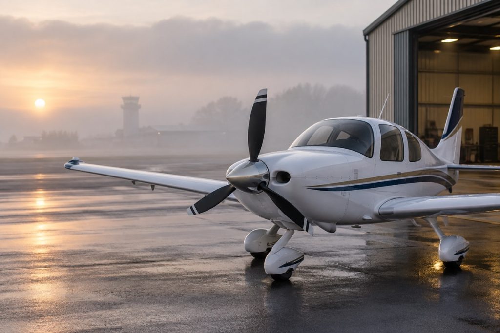 Parked training aircraft at a misty airport in early morning.