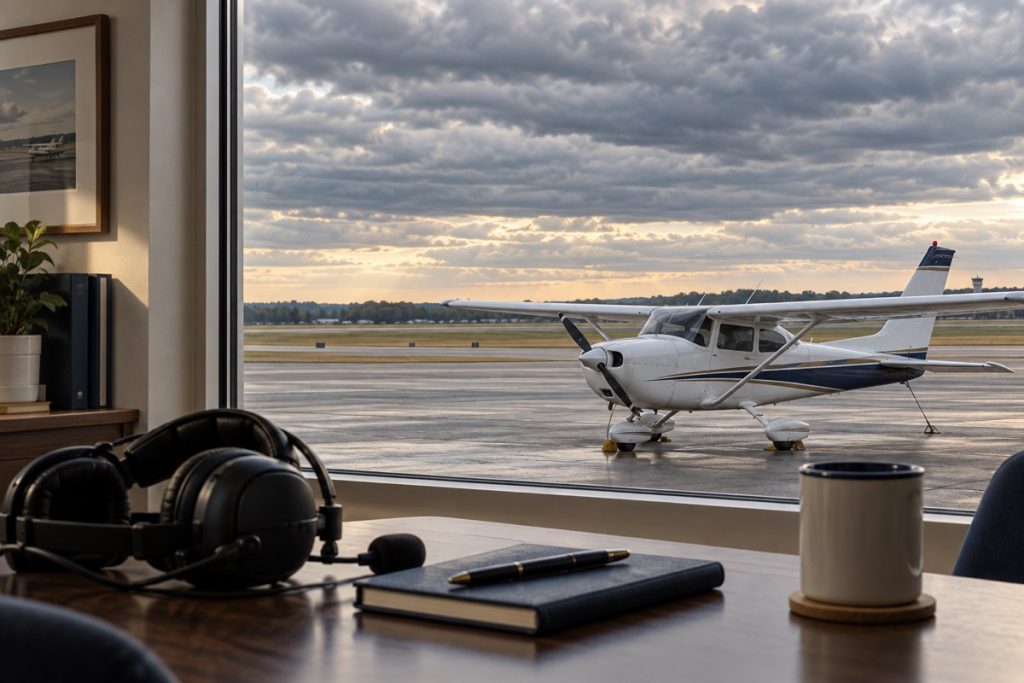 Headset beside a window overlooking a parked airplane under cloudy skies.