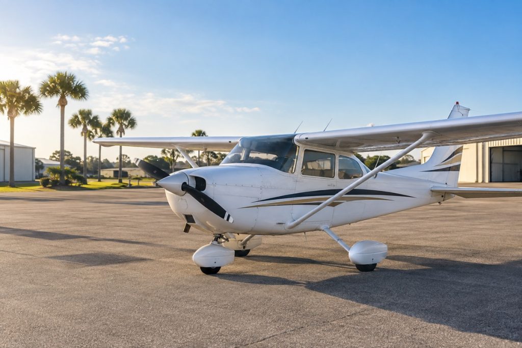 Single-engine training airplane at a sunny Florida airport.