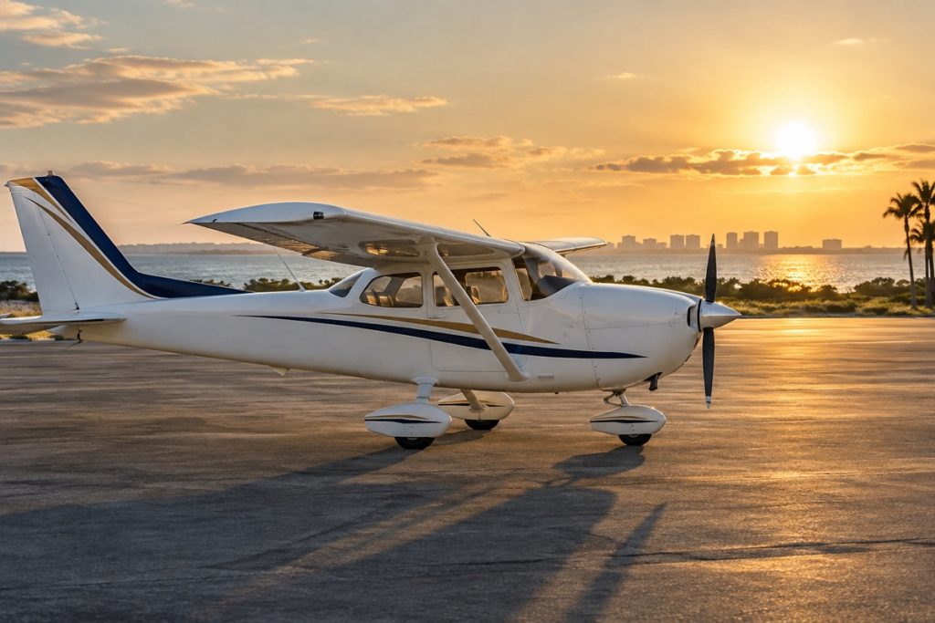 Training airplane on a coastal airport apron in late afternoon.