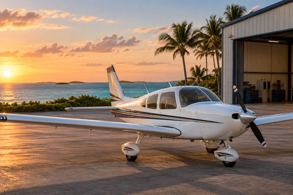Training airplane at a tropical coastal airport at sunset.