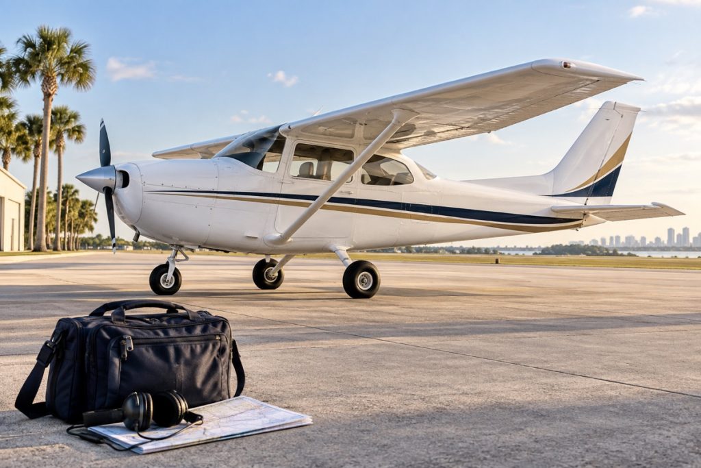 High-wing training airplane and flight bag on an airport apron.