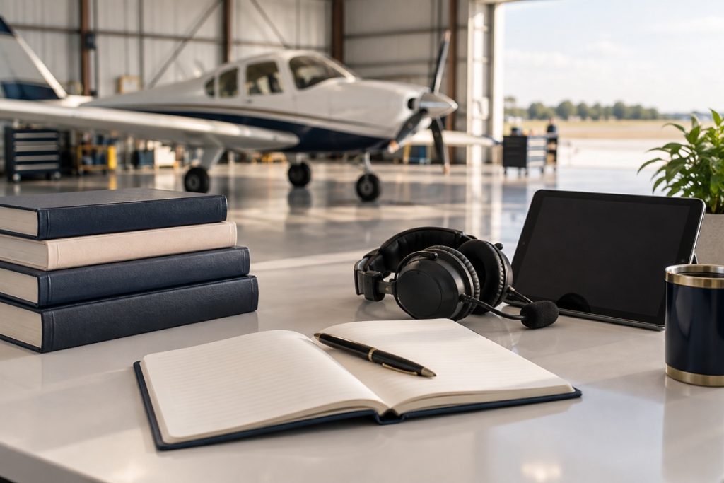 Aviation reference books, a tablet and headset arranged on a desk.