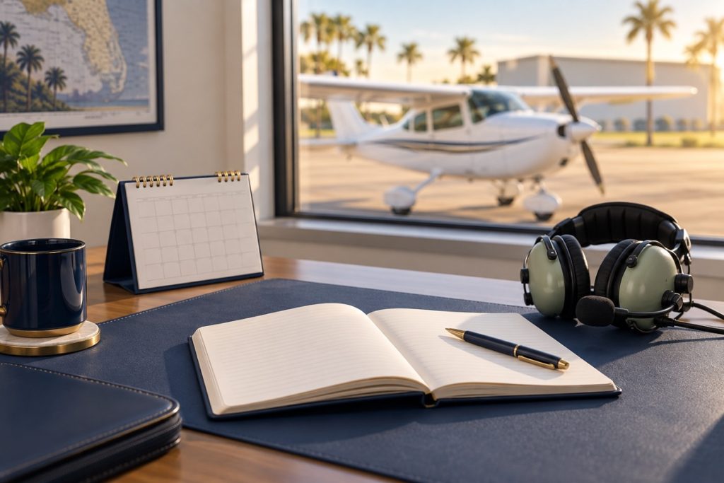 Notebook, calendar and aviation headset overlooking a parked training airplane.