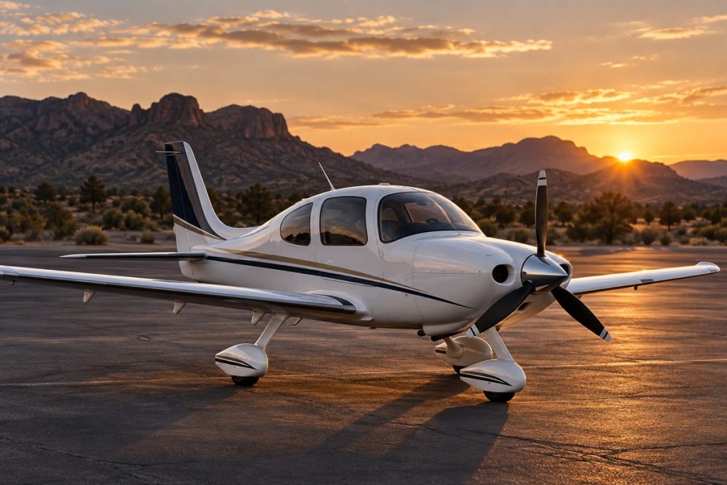 Propeller airplane on a desert airport apron at sunset.