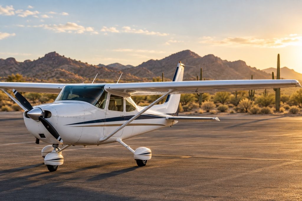 High-wing training airplane at a desert airport with distant hills.